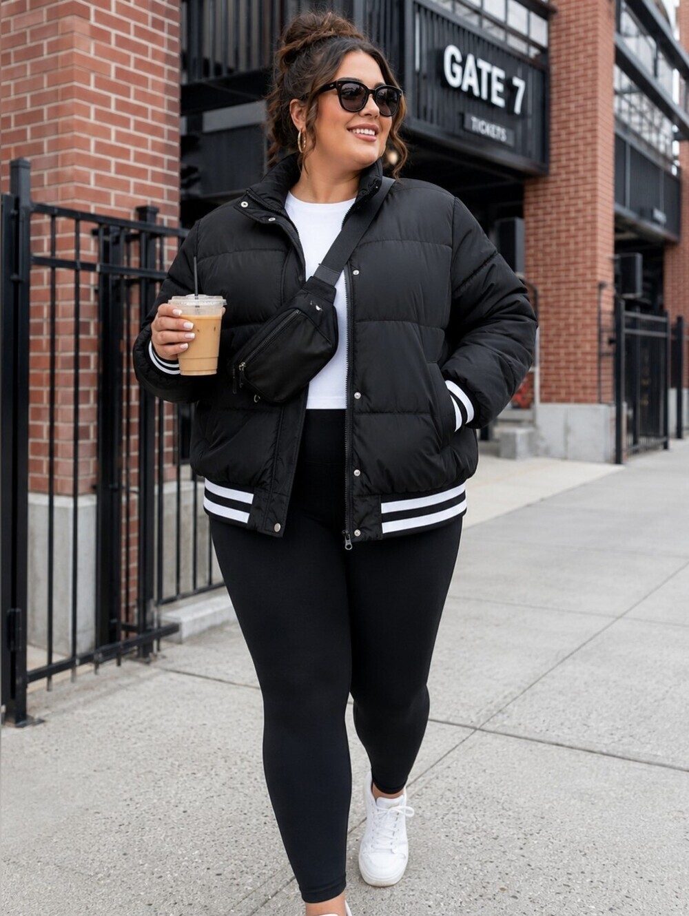 Miss Posh 2X Black Varsity Puffer Jacket Striped Rib Knit Trim Plus Size